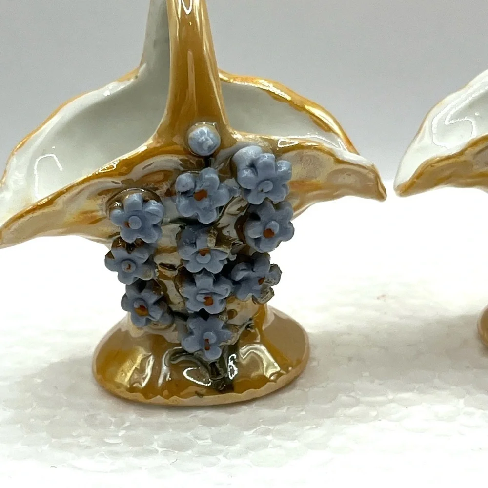2 Vintage Elfinware Miniature Basket with Blue Flowers Made in Germany